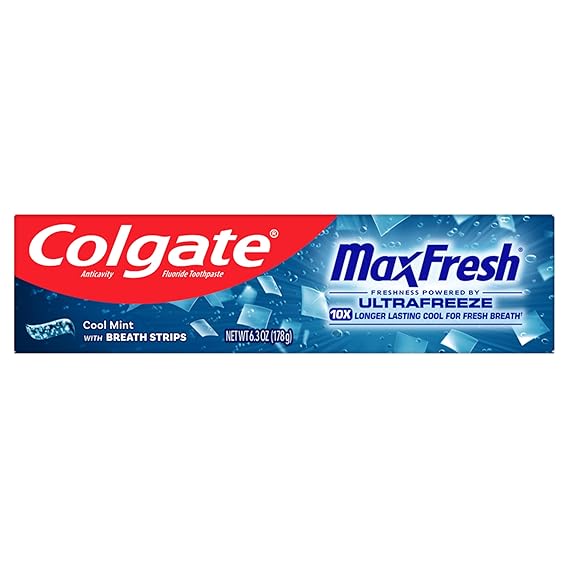 Colgate MaxFresh Cool Mint Toothpaste, Fresh Breath Toothpaste with Fluoride and Hundreds of Mini Breath Strips, Leaves Mouth Feeling Refreshed for Hours, 6.3 oz | Fresh Breath Toothpaste, With Fluoride, Hundreds of Mini Breath Strips, Leaves Mouth Feeling Refreshed for Hours