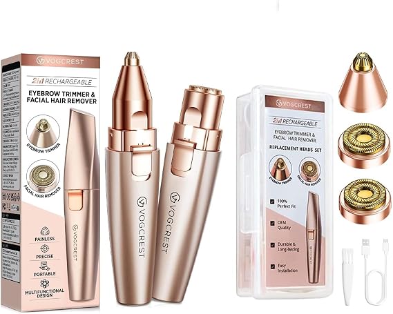 VG VOGCREST 2 in1 Eyebrow Facial Trimmer with Replacement Heads - Rechargeable Facial Hair Removal and Eyebrow Shaver - Face Lips Body Painless Facial Razor with Built-in LED Light (Rose Gold)