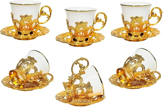 Noviko Turkish Tea Cups Ceramic Espresso Cups Set of 6, Turkish Tea Set Turkish Coffee Cup Set (3oz, White)