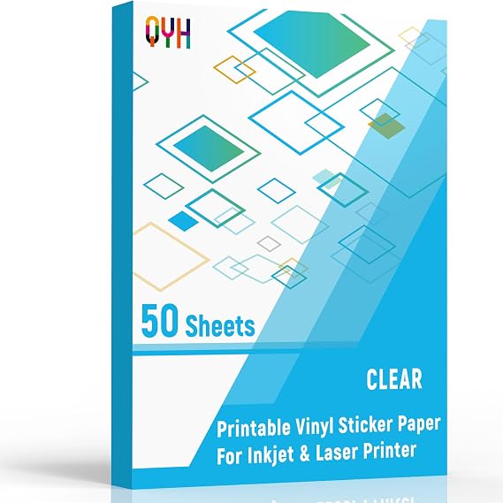 QYH Premium Clear Printable Vinyl Sticker Paper, 50 Sheets Transparent