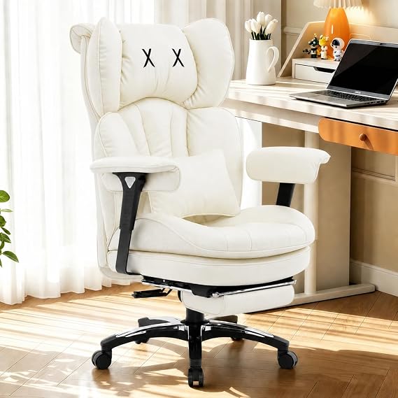 Efomao Desk Office Chair, Big and Tall Heavy Duty Executive Computer Chair, Unique XX Embroidery Ergonomic High Back PU Leather Chair with Retractable Footrest