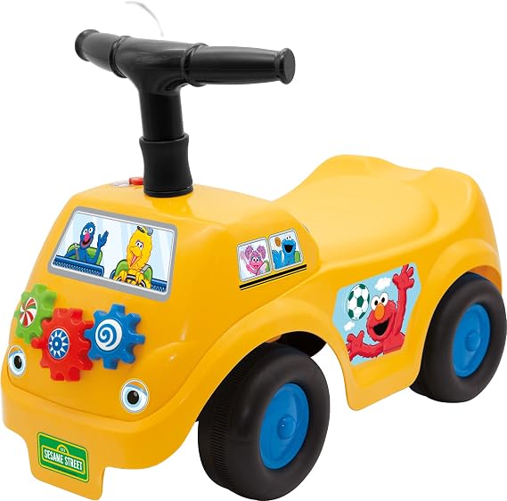 Kiddieland Sesame Street Elmo Lights & Sounds Ride-On Toddler Push Car | Foot-to-floor toy for ages 12-36 months features a folding handle, interactive dashboard, and 55 lb weight limit capacity