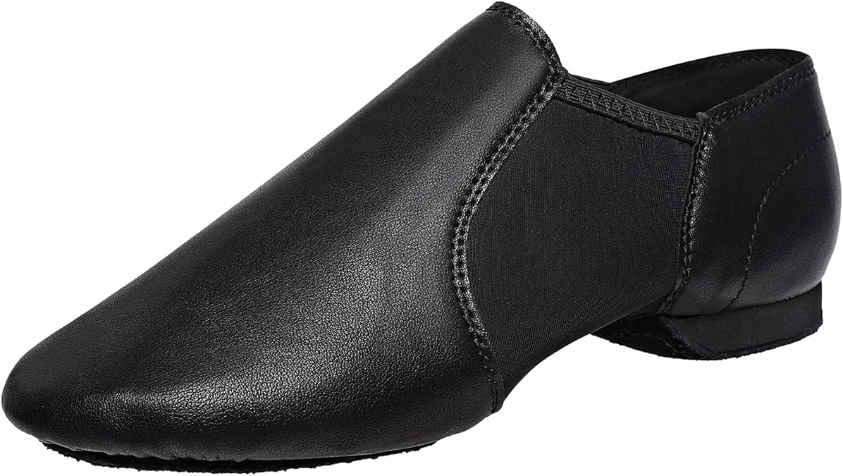 Black Slip-on Jazz Shoes Elastic Leather Sole Dance for Men Womens