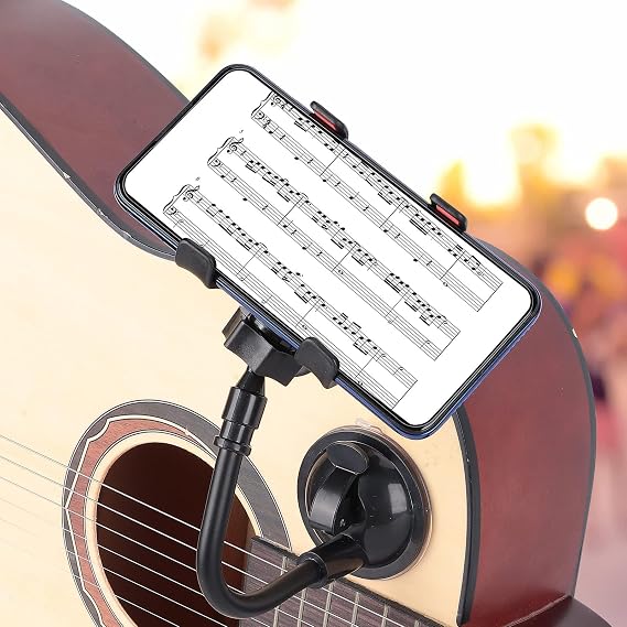 Smart Phone Holder for Guitar - Mount Clip With Suction Cup for Acoustic, Electric, Classical Guitars - Smartphone Stand