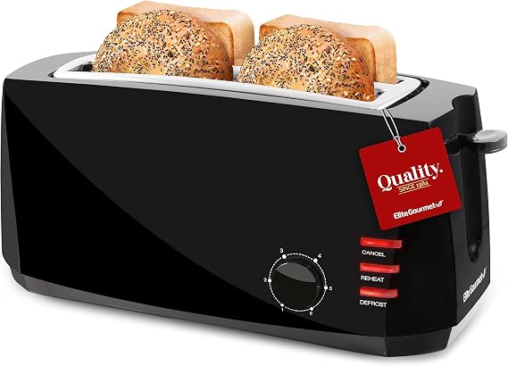 Elite Gourmet 4-Slice Long Slot Toaster, Extra-Wide Slots, 6 Toast Settings