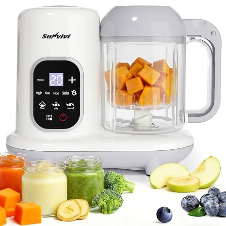 All-in-one Baby Food Maker: Baby Food Processor Blender Combo with Self Clean & LCD Display, Baby Food Puree Maker with Steam, Heating & Stirring, White Steamer Container Grinder