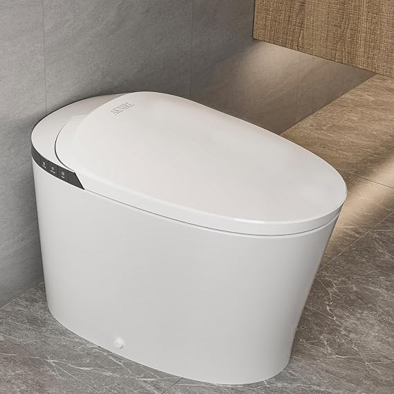 Smart Toilet with Booster Pump, Heate Seat, Auto Flushing, Foot Sensor/Off-Seat Flush, Tankless One Piece Toilet for Modern Bathroom, White