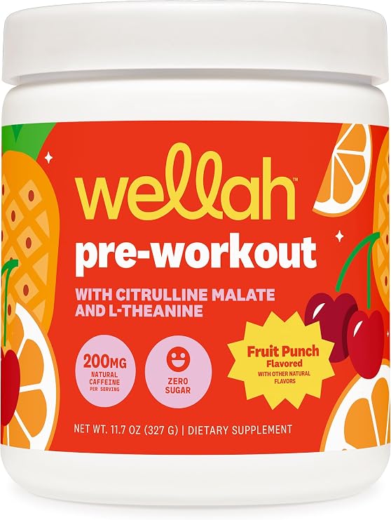 Wellah Pre-Workout Drink Mix (Fruit Punch) 30 Servings | With Citrulline Malate and L-Theanine, 200mg of Natural Caffeine & 1000mg of Beta-Alanine