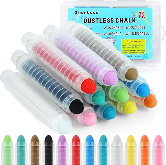 Dustless Chalk for Kids - 12 PCS Colored Non-toxic Twistable Sidewalk Chalk with Holder, Back to School Dust-free Washable Toddler Chalk, Art Tool for Children Outdoor Blackboard Drawing Writing