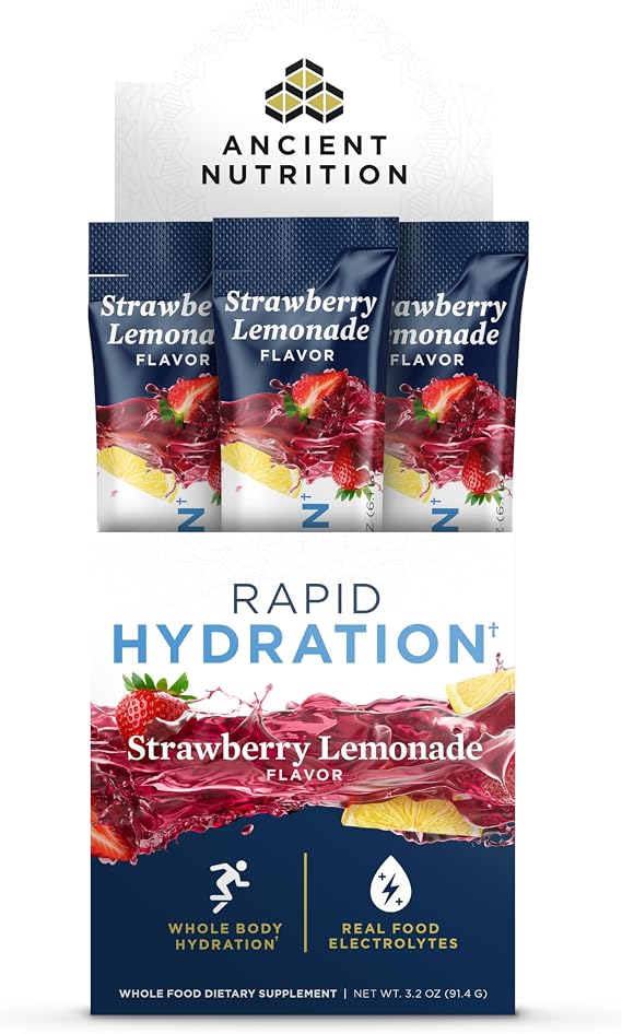 Ancient Nutrition Rapid Hydration Electrolytes Powder, Strawberry Lemonade | Electrolytes from Natural Sea Salts and Red Marine Algae, Supports Rapid Body Hydration and Cellular Health, 15 Packets