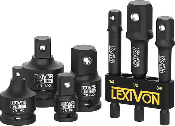 LEXIVON Impact Socket Adapter Combo Kit, 7-piece Increaser, Reducer & Extension Set | 1/4"-3/8"-1/2" Impact Driver Conversions, Active Rust Protection By Black-Phosphate Coating Treatment (LX-109)