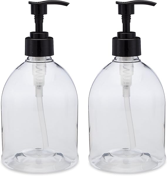 (2 Pack) Earth's Essentials Versatile 16 Ounce Refillable Designer Pump Bottles. Excellent Liquid Hand Soap, Homemade Lotion, Shampoo and Massage Oil Dispensers. Shatterproof PET Plastic.