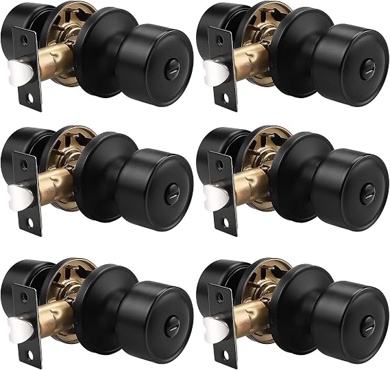 6 Pack Door Knobs Privacy Function Keyless Lock Black Interior Round Door Lock, Flat Door Knob with Lock for Bedroom/Bathroom