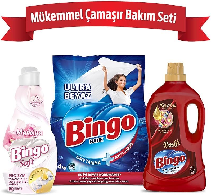 Bingo "Mükemmel Çamaşır Bakım Seti ; 4 Kg Toz Çamaşır Deterjanı Ultra Beyaz +Sıvı Deterjan 4 L Renkli + Ko