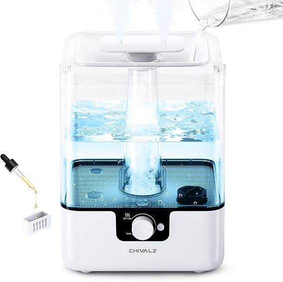 CHIVALZ 6L Humidifiers for Bedroom, Cool Mist, 26dB, 50H Runtime, White | Top Fill Humidifiers for Home, Baby Nursery, Large room, Plants, Nightlight, Oil Diffuser, Quiet, Easy to Refill and Clean