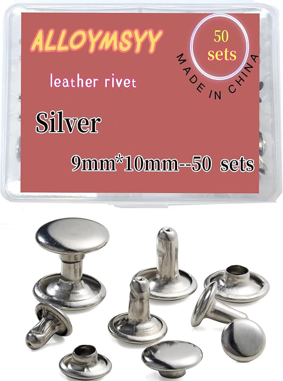 ALLOYMSYY 50 Sets of 9mm x 10mm Leather Rivets Double Cap Rivets Clothing Fabrics Leather Rivets Craft Rivets Tools for Repairing Decorative Clothing Shoes,Pet Collar, Bags, Belts (Silver)