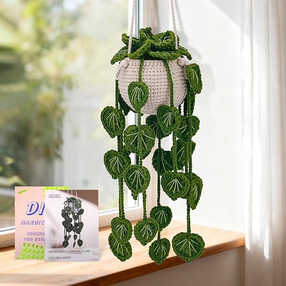 kdafio Crochet Kit for Beginners Hanging Potted Plants Crochet Starter Kit | Crochet Starter Kits with Step-by-Step Video Tutorials, Hanging Potted Plants for Beginners Decoration (Green Plants)