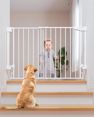 Cumbor 2 Pack Standard Baby Gate for StairsWhite & Cumbor 29.2-43 No Bottom Bar Baby GateWhite