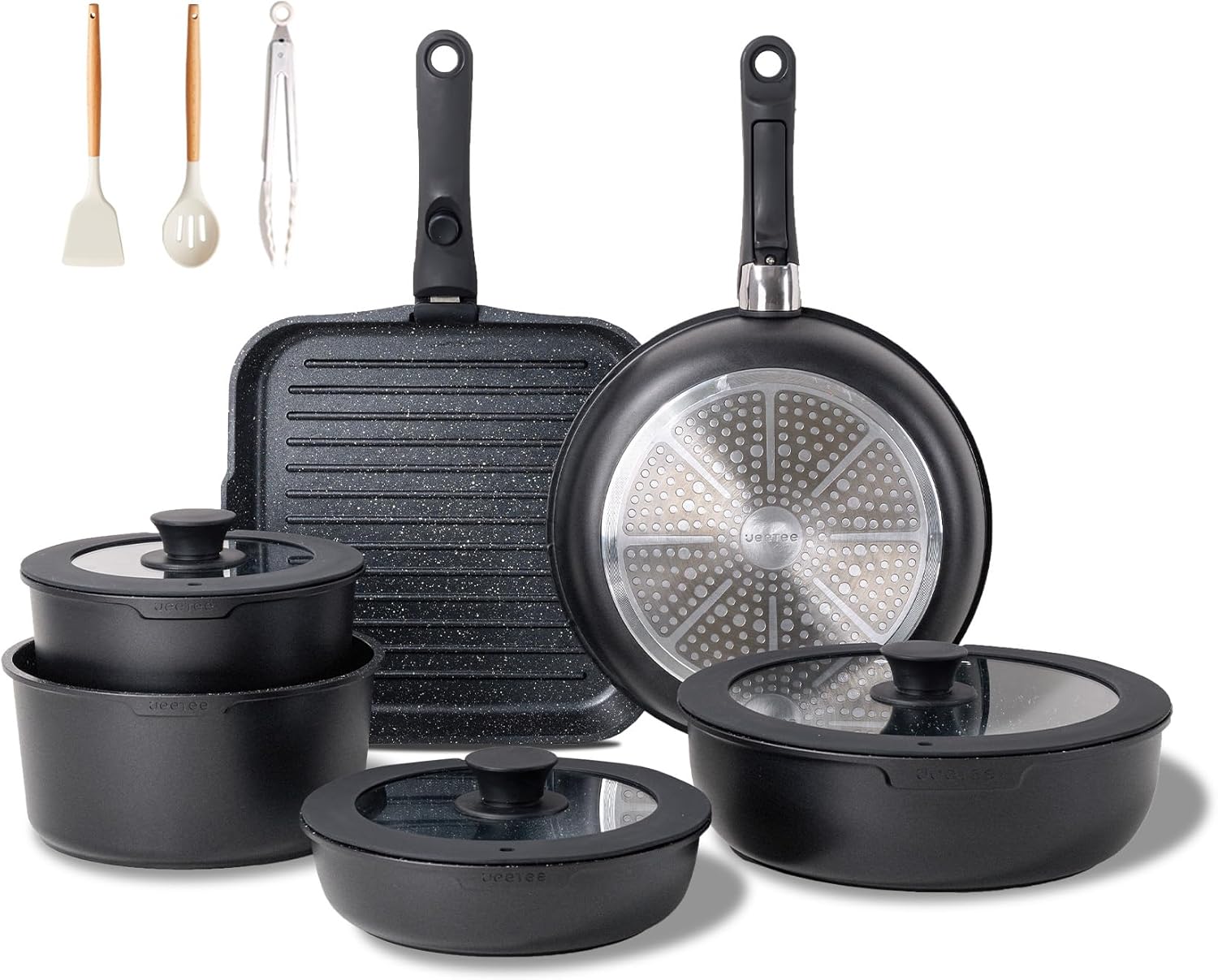 JEETEE Pots and Pans Set Non Stick 26pcs, Cookware Set with Removable Handle, Induction Kitchen Cooking Sets with Detachable Handle, RV Camping Stackable Pots Pans, Oven Safe, PFOA Free, Black