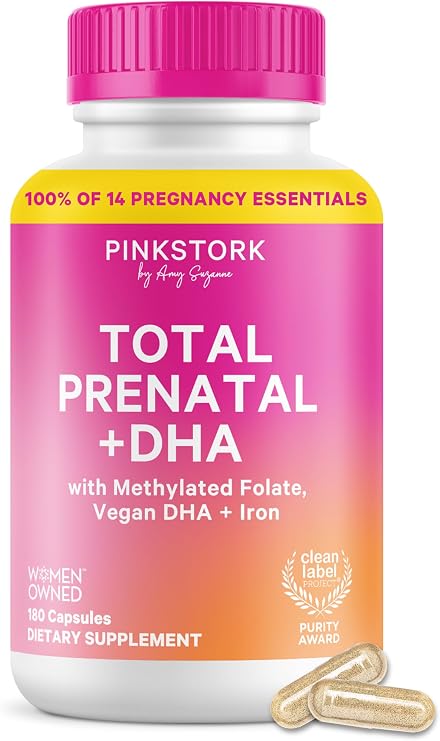 Pink Stork Total Prenatal + DHA, Vegan, No Fishy Burps, 180 Count | Methylfolate, Vegan DHA, Non-Constipating Iron, Choline, Vitamin B12 | Clean Label Purity Award, Made in USA