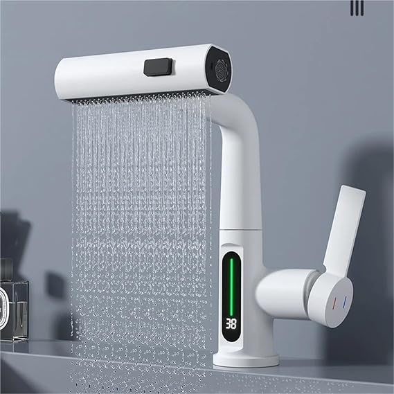 Waterfall Pull Out Kitchen Faucet Intelligent Digital Display Cold Hot Mixer Taps Rotatable Sink Lifting Basin Faucet(White)