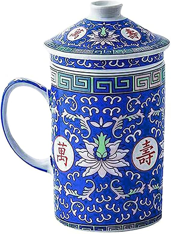 Ceramic Coffee Mug With Lid 10 Oz Teacup Asian Cup Chinese Gongfu Loose Leaf Tea Brewing System For Home Office Travel (10 OZ,Blue_wanshouwujiang)