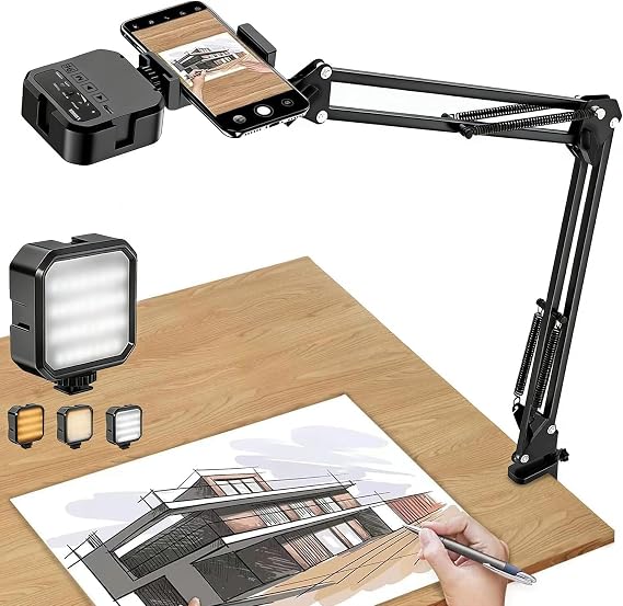 Overhead Phone Mount with LED Light, Articulating Arm Cell Phone Holder