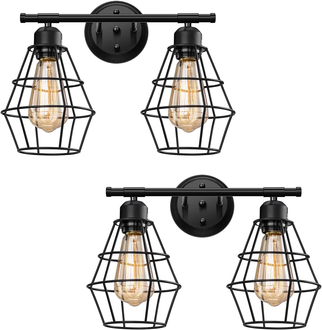 Elibbren 2 Pack Vintage 2-Lights Vanity Wall Sconce Lighting, Farmhouse Rustic Style E26 Base Metal Matte Black Industrial Bathroom Wall Light Fixture for Bathroom Vanity Mirror Cabinets
