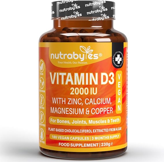 Vitamin D3 2000 IU | 180 Capsules | with Calcium, Magnesium & Zinc | Vegan | 3 Months Supply | Multivitamin Supplement for Women and Men | Vegan Certified Vitamin D3, Plant Based Ingredients | UK Made