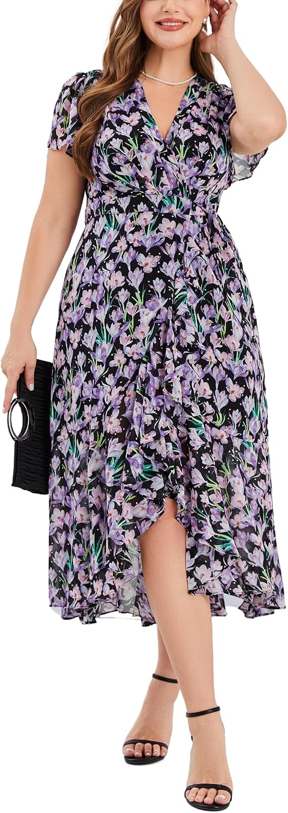 EYWOL Plus Size Wedding Guest Dress for Women, Floral Chiffon Midi Wrap Dress, Flutter Sleeve High Waist Flowy Summer Dresses