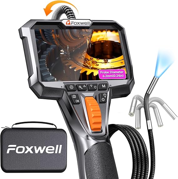 FOXWELL Y400 Two-Way Articulating Borescope with Light, 0.24in Ultra-Slim Probe, 220 Articulation, IPS HD Screen, Industrial Endoscope Inspection Camera for Automotive Engine, HVAC & Plumbing 5.3FT