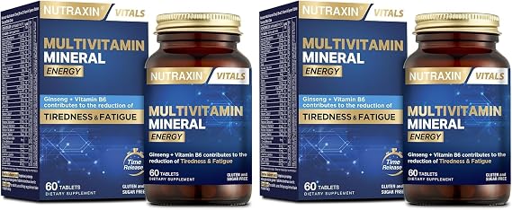 Nutraxin Multivitamin Mineral Energy – Ginseng, CoQ-10, L-Karnitin, Taurin ve 24 Vitamin-Mineral İçeren Enerji Destek Tableti – 60 Tablet – Vegan (2 paketi)