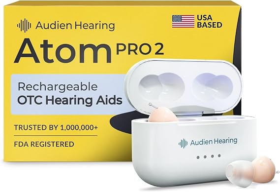 Audien Atom Pro 2 OTC Hearing Aids for Seniors & Adults | Wireless, Rechargeable, Nearly Invisible, Premium Comfort Design, UV Sanitizing Technology, Sound Check Included