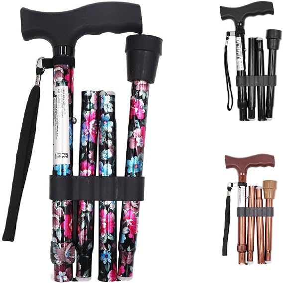 PEPE Mobility Folding Cane, 5-Level Adjustable Height, Walking Stick Lightweight Collapsible Portable Travel Cane with Wrist Strap for Elderly Disabled Men Women