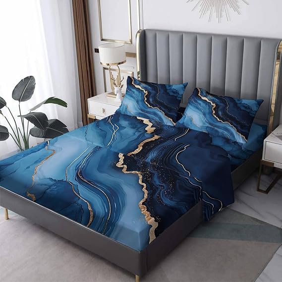 Marble Sheets Queen Sheet Set, Navy Blue Gold Bed Sheets, Abstract Elegant Bedding Bedroom Decor, Soft Microfiber Deep Pocket Fitted Sheet & Flat Sheet & 2 Pillowcases