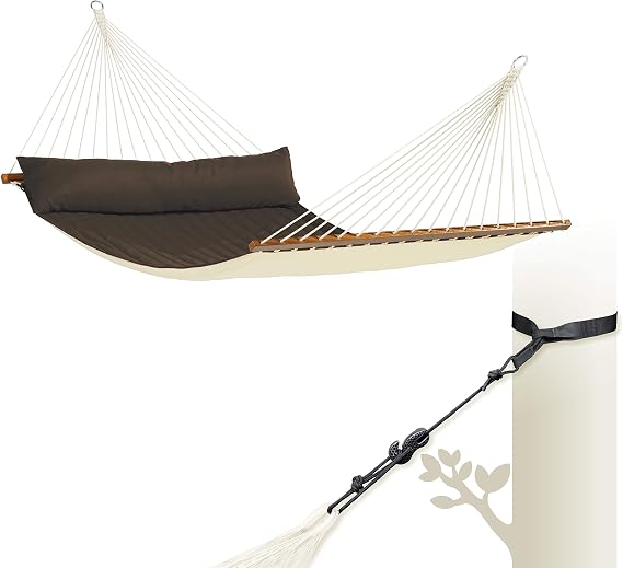 LA SIESTA Alabama Quilted Hammock with Spreader Bar & TreeMount, Fabric Tree Hammock with Tree Straps for Beams Posts - Weatherproof Outdoor Hammock - 2 Person Double Hammock Bed - XL King, Arabica