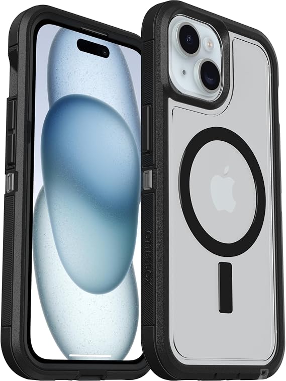 OtterBox iPhone 16e, 15, 14, 13 Defender Series XT Clear Case - DARK SIDE (Black/Clear), screenless, rugged , snaps to MagSafe, lanyard attachment (ships in polybag)