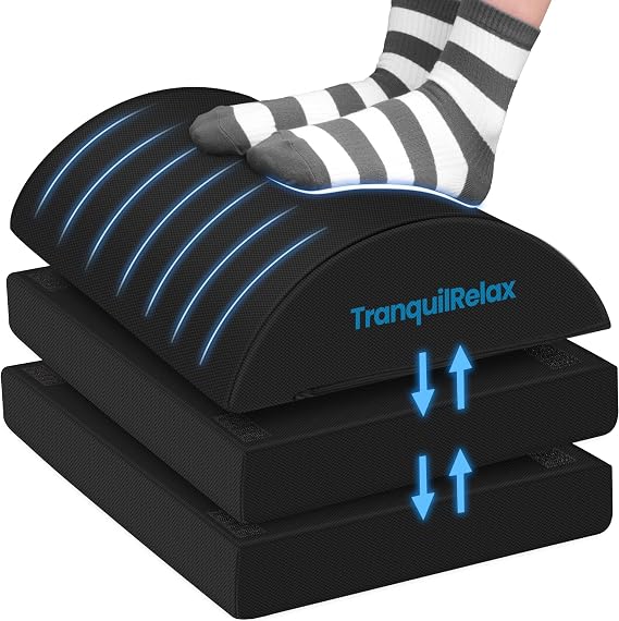 TranquilRelax Foot Rest Under Desk, 3-Height Adjustable Foot Stool, Black | Desk foot rest, ergonomic foot support, machine-washable cover, non-slip bottom, gaming foot rest, office, car