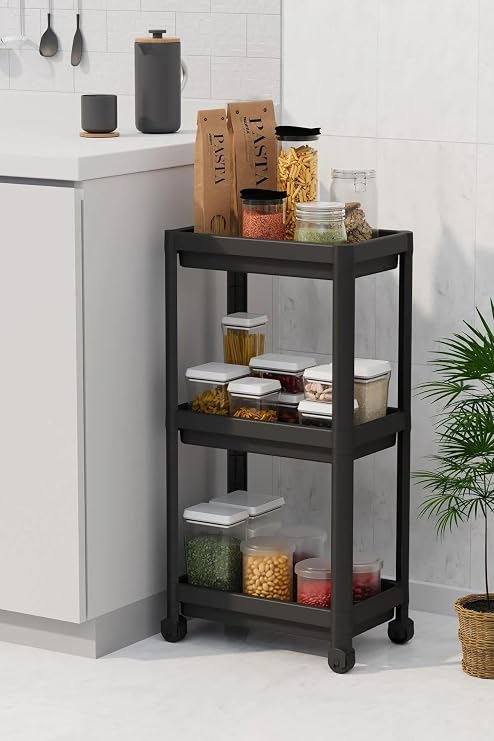 3 Tiers Wheel Shelving Unit - Bathroom & Kitchen Organizer - Multi-Purpose Service Stand - Practical Storage Solution for Narrow Spaces (BLACK)