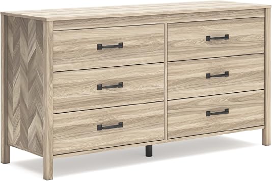 Signature Design by Ashley Battelle Mid-Century Modern Dresser with 6 Drawers and Chevron Pattern, Meets ASTM International Standards, Wood and Decorative Laminate, Tan