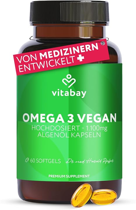 Vitabay Omega 3 Vegan 60 Capsules with 1100 mg Pure Algae Oil with Vitamin E