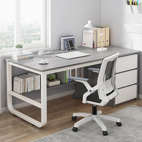 Computer Desk with Storage Compartments and 3 Drawers Modern Simple Desk Desk for Home Office Workplace (47 Inch, Gray and White)