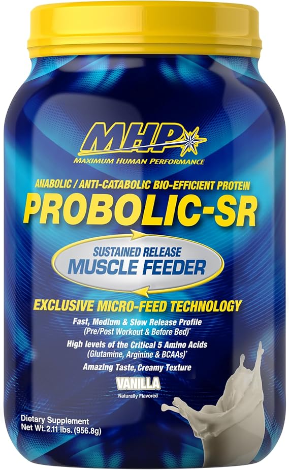 Maximum Human Performance Probolic-SR Sustained Release Protein Powder, 24g Protein, BCAAs, Glutamine, Arginine, Pre-Workout, Post-Workout, Nighttime Protein, 2lbs, 26 Servings, Vanilla