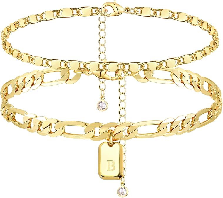 YANODA Initial Ankle Bracelets for Women, 14K Gold Plated Dainty Layered Figaro Chain Letter Initial Ankle Bracelets Set Trendy Personalized Name Tag Anklet Summer Beach Jewelry for Women