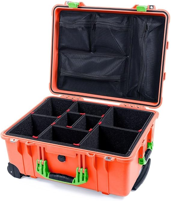ColorCase Pelican Protector 1560 Case Orange - Waterproof Case with TrekPak Divider System & Mesh Lid Organizer - Lime Green Handles & Latches