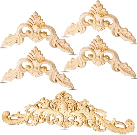 5 Pieces Decorative Wood Onlays and Appliques for Furniture - DIY Carved Trim Appliques for Bed, Door, Cabinet, Wardrobe - 15.7 x 4.3 inch, 4.72 x 4.72 inch