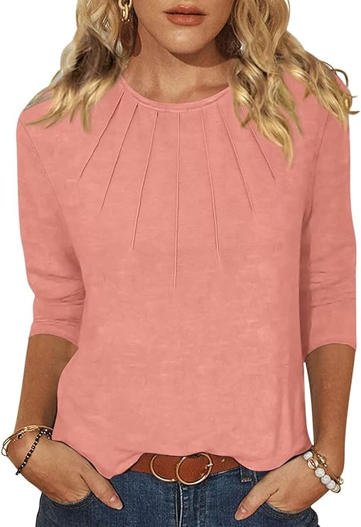 EADINVE Womens 3/4 Length Sleeve Tops Crewneck Pleated T-Shirts Casual Fall Tunic Tops Basic Trendy Clothes