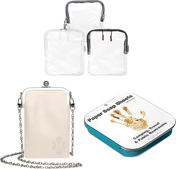 BORSALI 3-pack TSA Quart Size Bag Approved for Carry On Travel with Cream Small Crossbody Bag for Women and Paper Soap Sheets 1 Case with 50 Sheets To Go