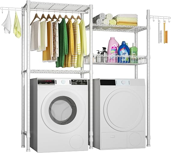 Ulif Clothes Drying Rack, Over Washer and Dryer Laundry Room Storage Shelf, Bathroom Towel Rack Space Saver with Adjustable Shelves, Wire Basket, and Rotatable Hooks, 63.4"L x 13.4"D x 76.7"H, White