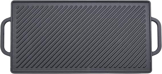 GGC Cast Iron Reversible Griddle | Double-sided Griddle Pan for Stove Tops and Gas Grills, 17"x 9" Rectangle Griddle Plate with Flat and Ribbed Side for Cooking